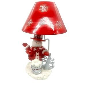 Snowman With Bucket Of Snowballs Tea Lite Candle Red White Metal Shade 8"x5" CB